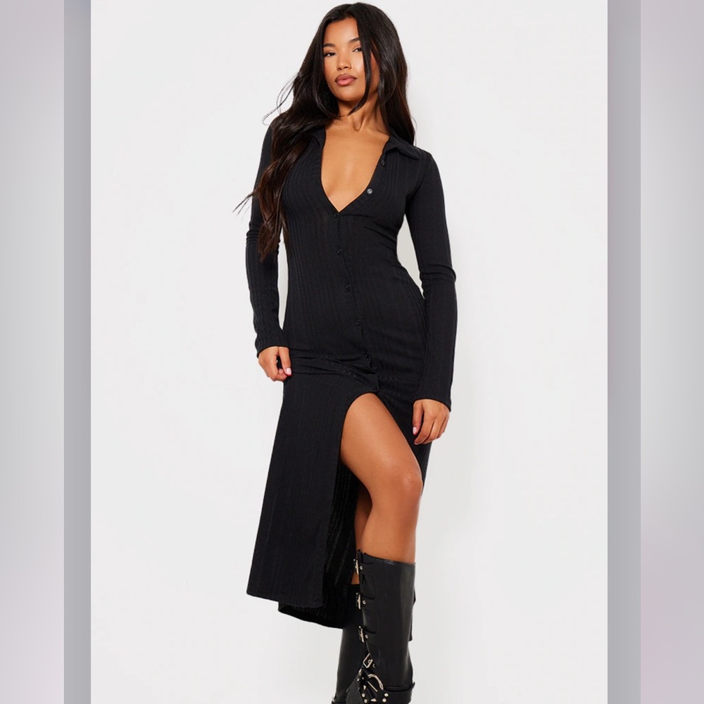Pretty Little Thing Black Ribbed Button Long Sleeve Midaxi Dress Size Med NWT